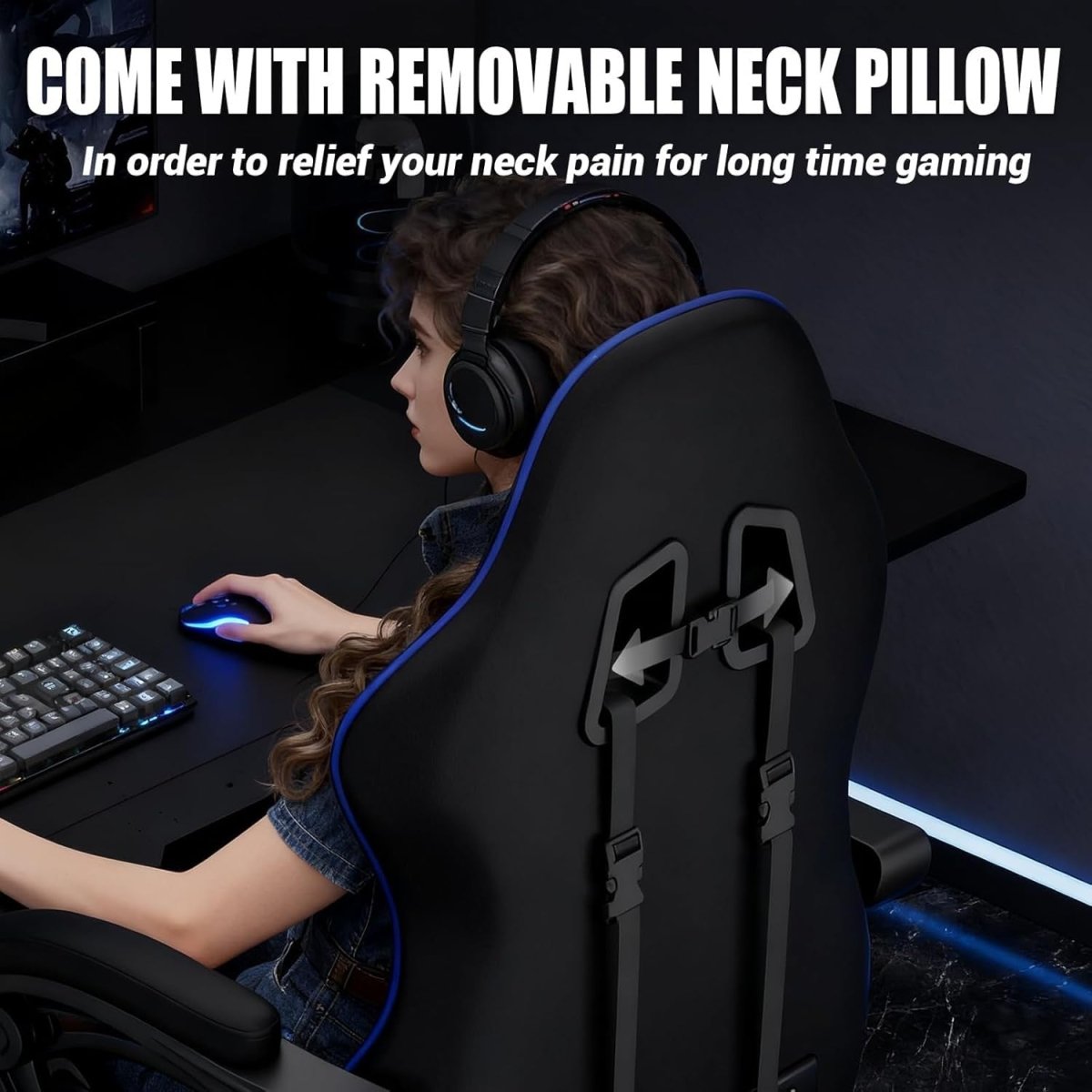 Reclining Gaming Chair w/ Footrest Massage Lumbar Blue - Kwikley