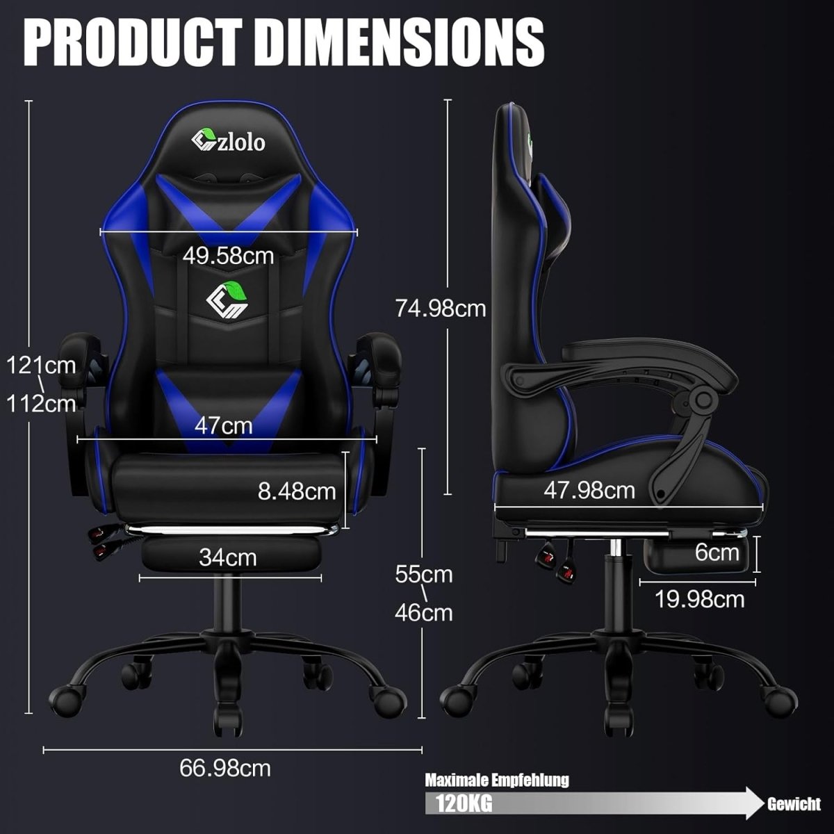 Reclining Gaming Chair w/ Footrest Massage Lumbar Blue - Kwikley