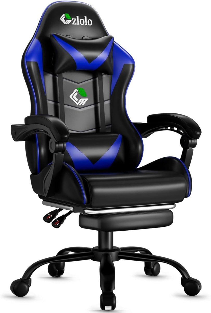 Reclining Gaming Chair w/ Footrest Massage Lumbar Blue - Kwikley
