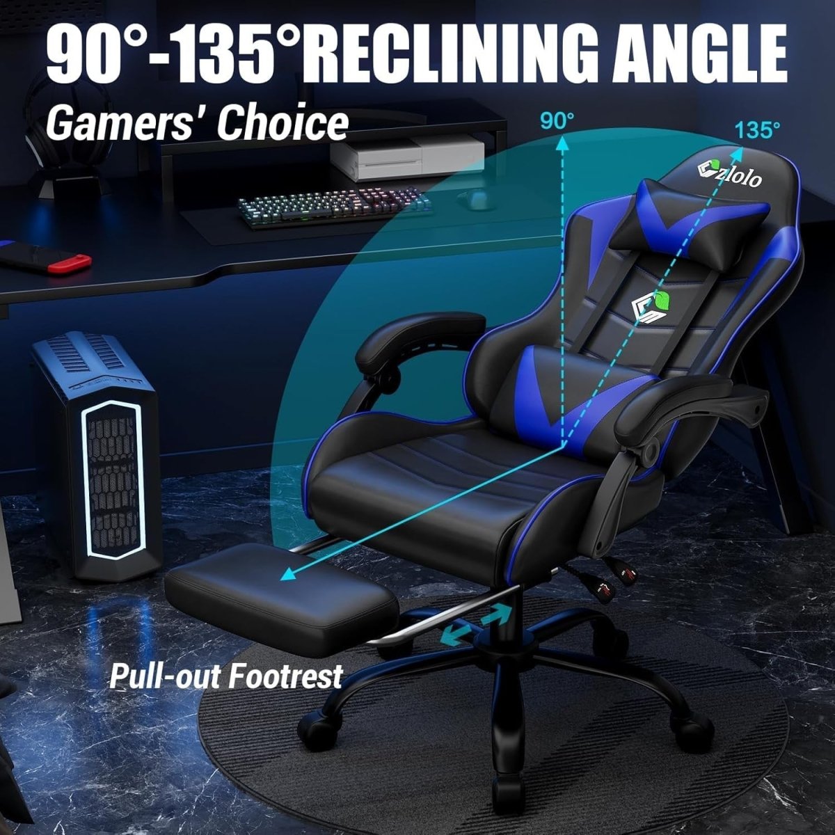 Reclining Gaming Chair w/ Footrest Massage Lumbar Blue - Kwikley