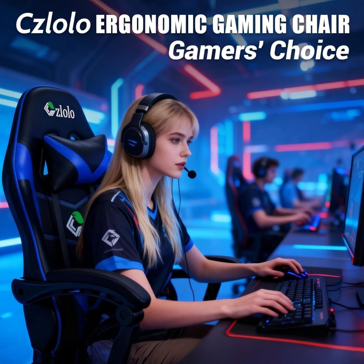 Reclining Gaming Chair w/ Footrest Massage Lumbar Blue - Kwikley