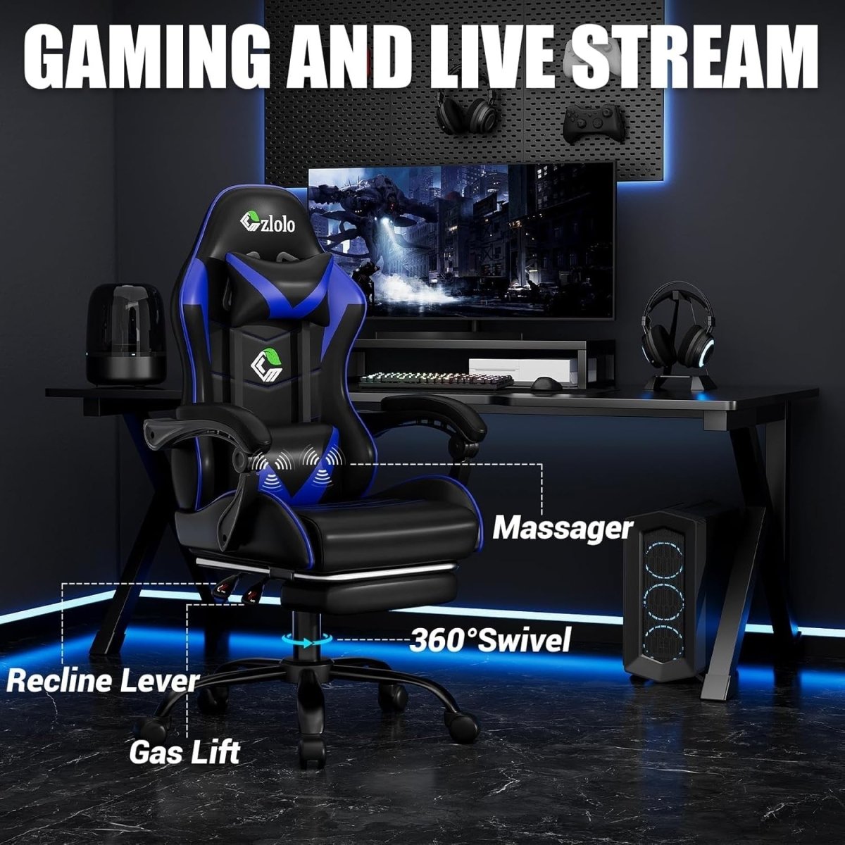Reclining Gaming Chair w/ Footrest Massage Lumbar Blue - Kwikley