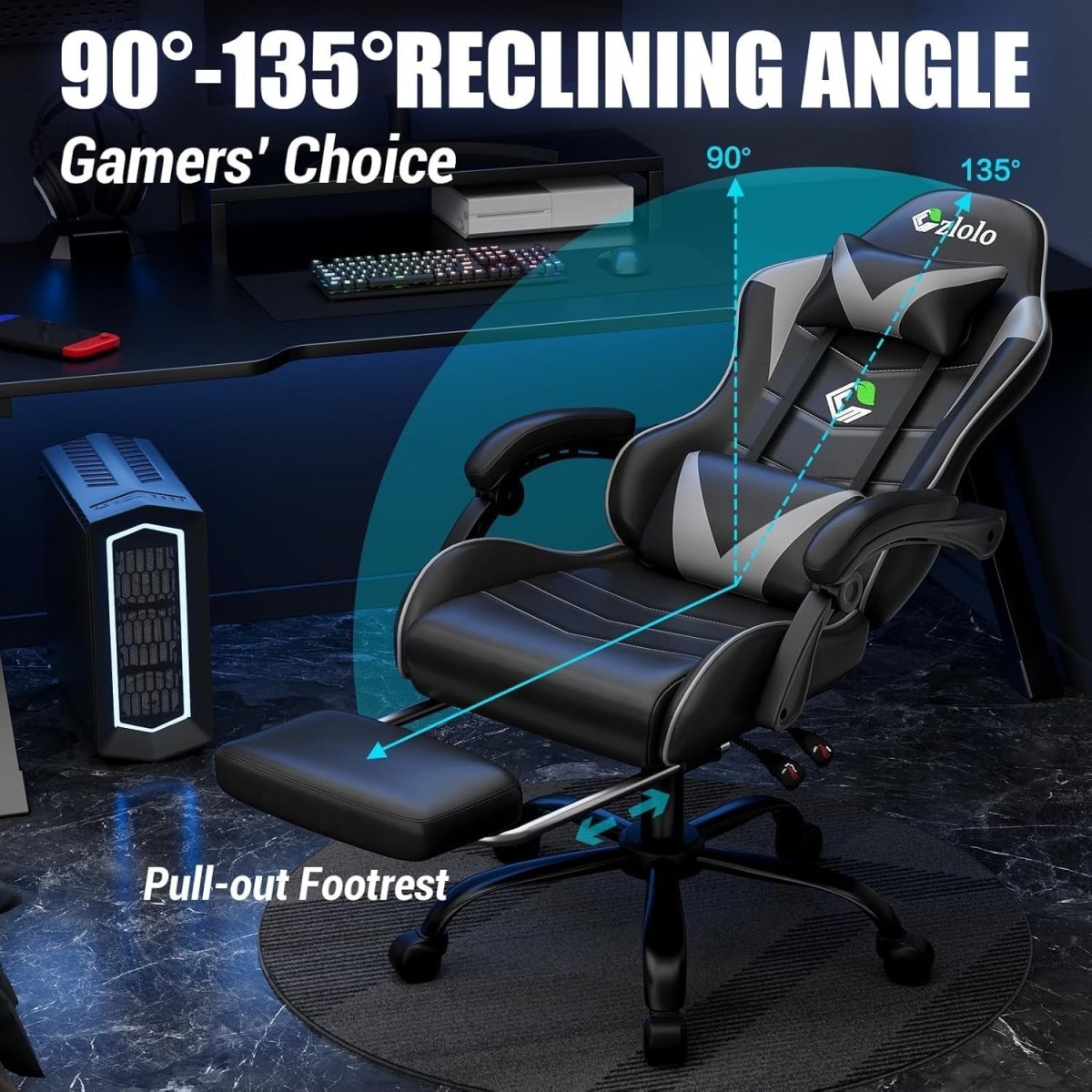 Reclining Gaming Chair w/ Footrest Massage Lumbar Grey - Kwikley