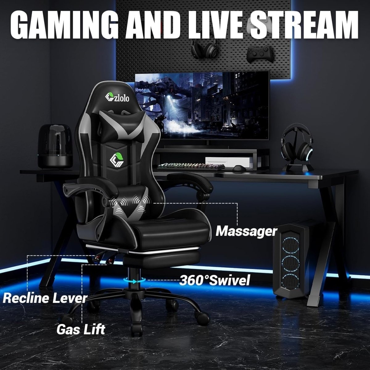 Reclining Gaming Chair w/ Footrest Massage Lumbar Grey - Kwikley