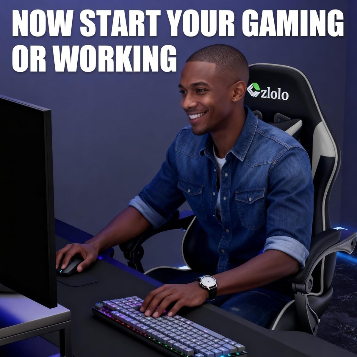 Reclining Gaming Chair w/ Footrest Massage Lumbar Grey - Kwikley