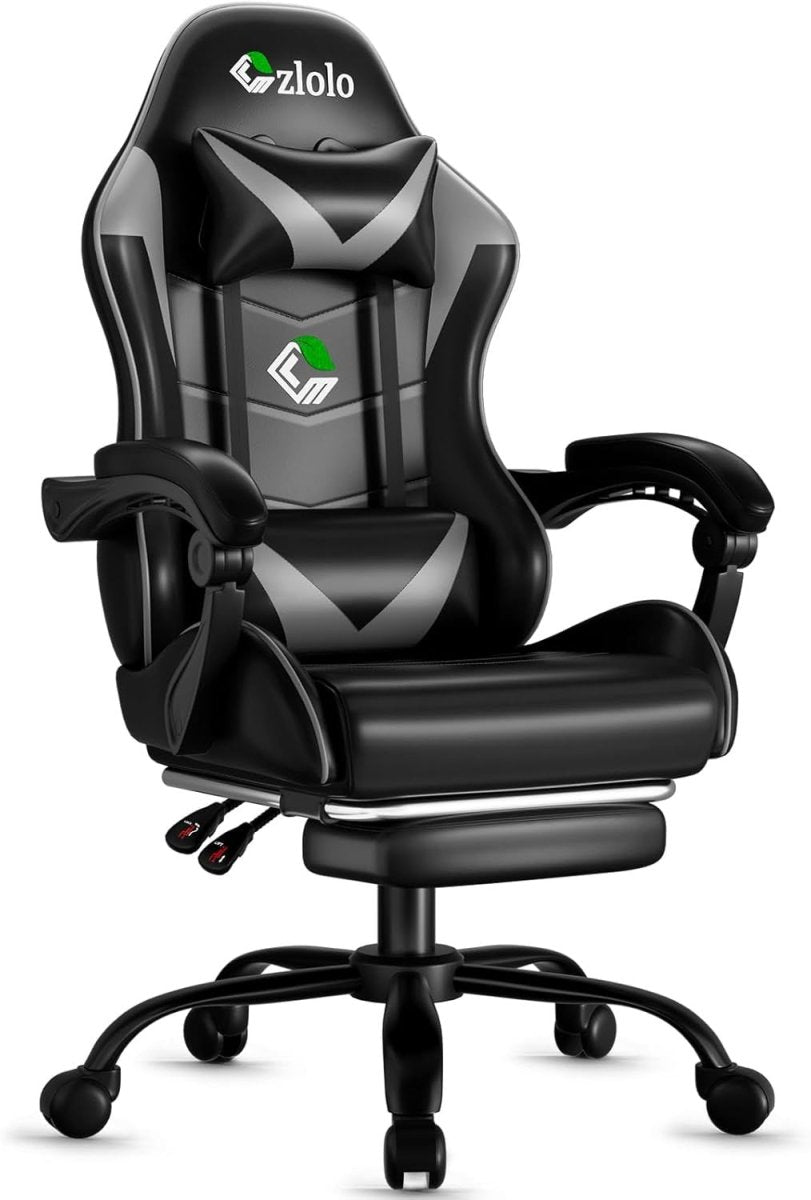 Reclining Gaming Chair w/ Footrest Massage Lumbar Grey - Kwikley