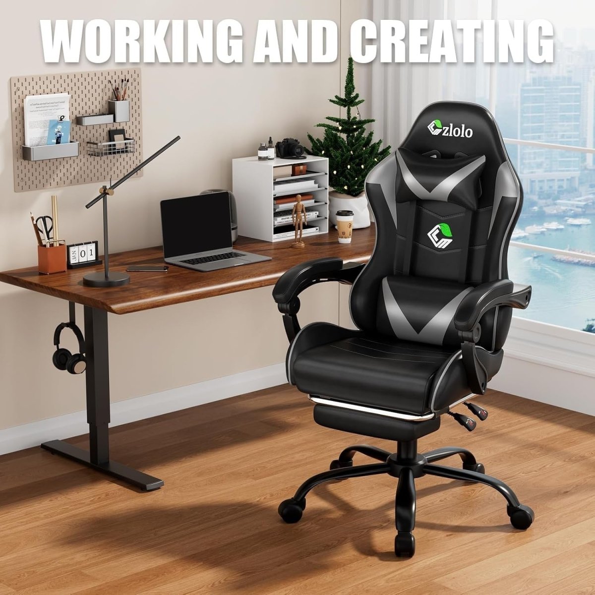 Reclining Gaming Chair w/ Footrest Massage Lumbar Grey - Kwikley