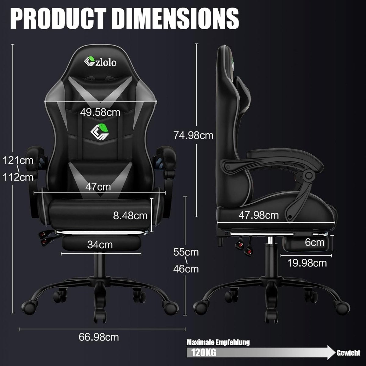 Reclining Gaming Chair w/ Footrest Massage Lumbar Grey - Kwikley