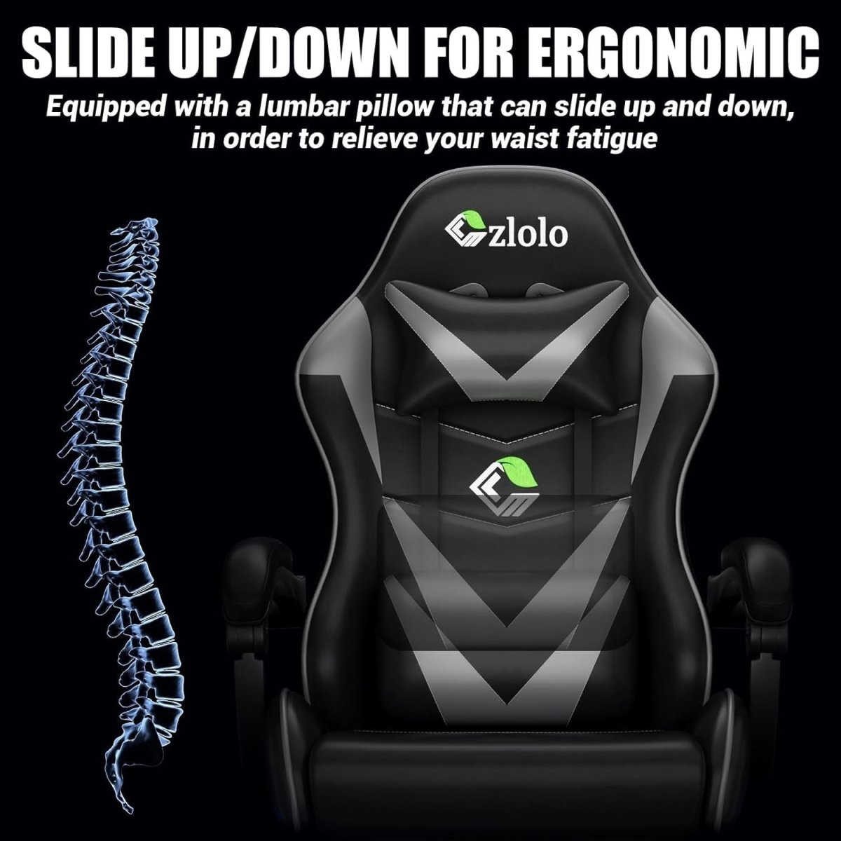 Reclining Gaming Chair w/ Footrest Massage Lumbar Grey - Kwikley