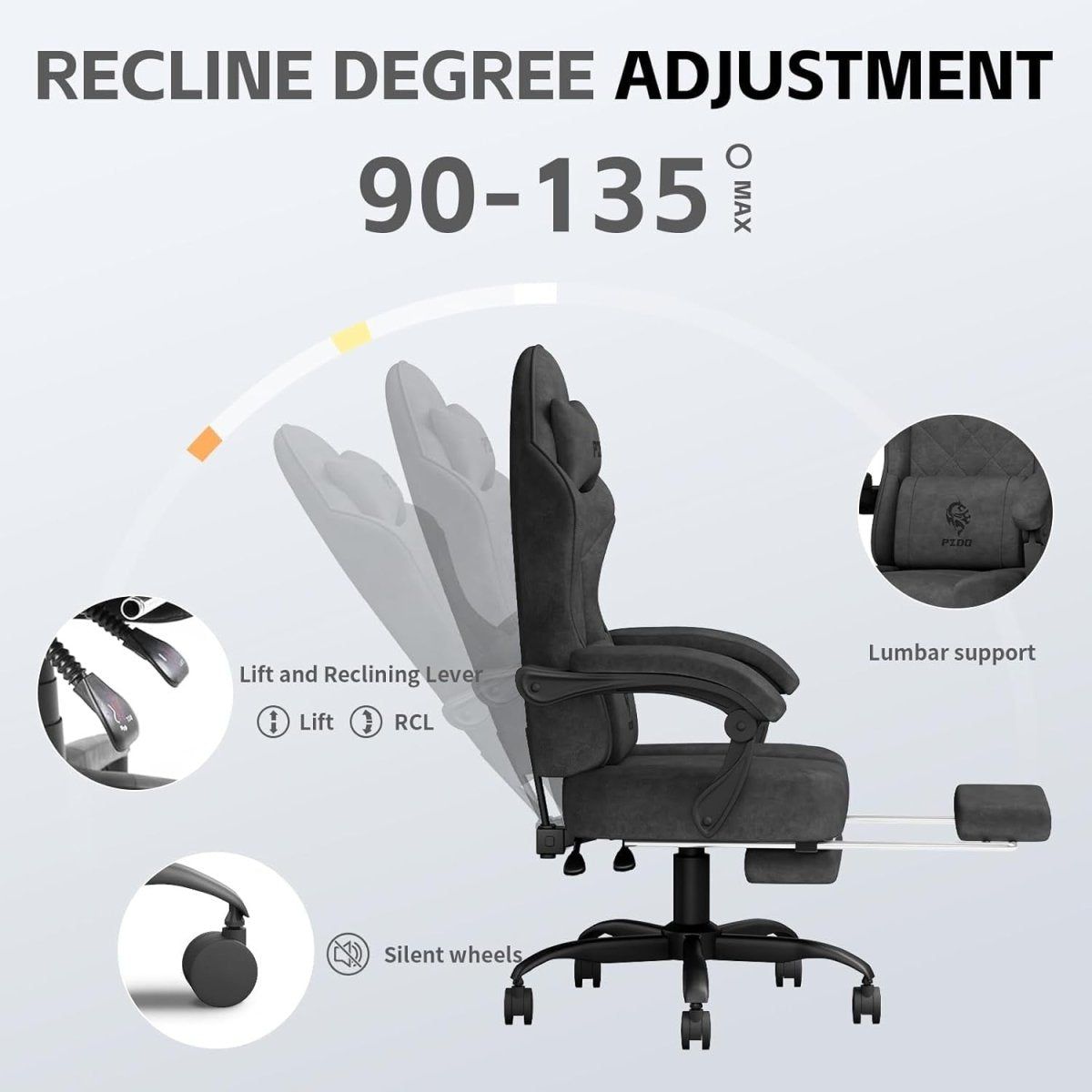 Reclining Gaming Chair with Footrest 350lbs Ergonomic Fabric - Kwikley