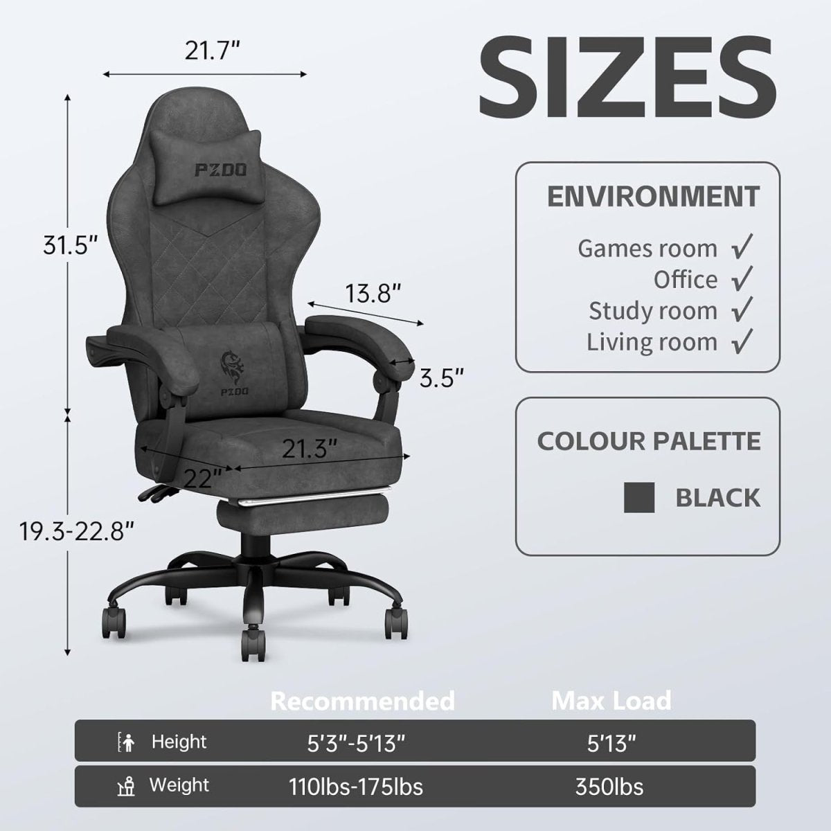 Reclining Gaming Chair with Footrest 350lbs Ergonomic Fabric - Kwikley