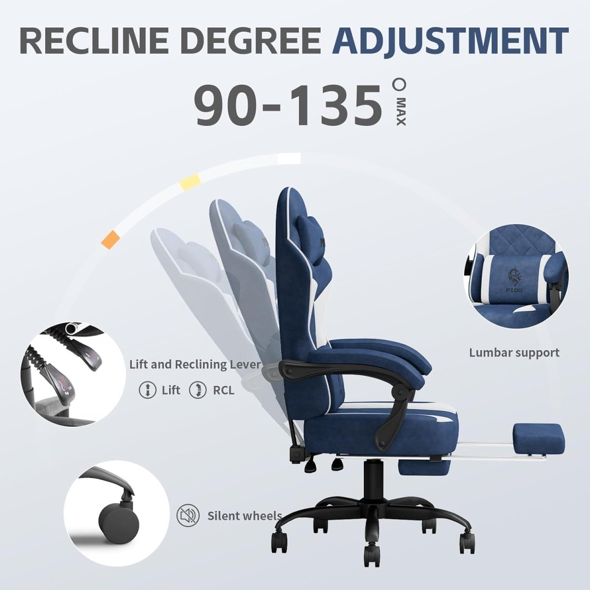 Reclining Gaming Chair with Footrest Ergonomic 360 Swivel Blue - Kwikley
