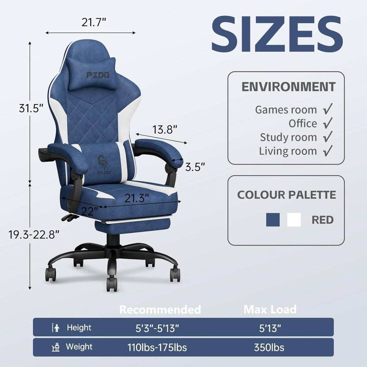 Reclining Gaming Chair with Footrest Ergonomic 360 Swivel Blue - Kwikley