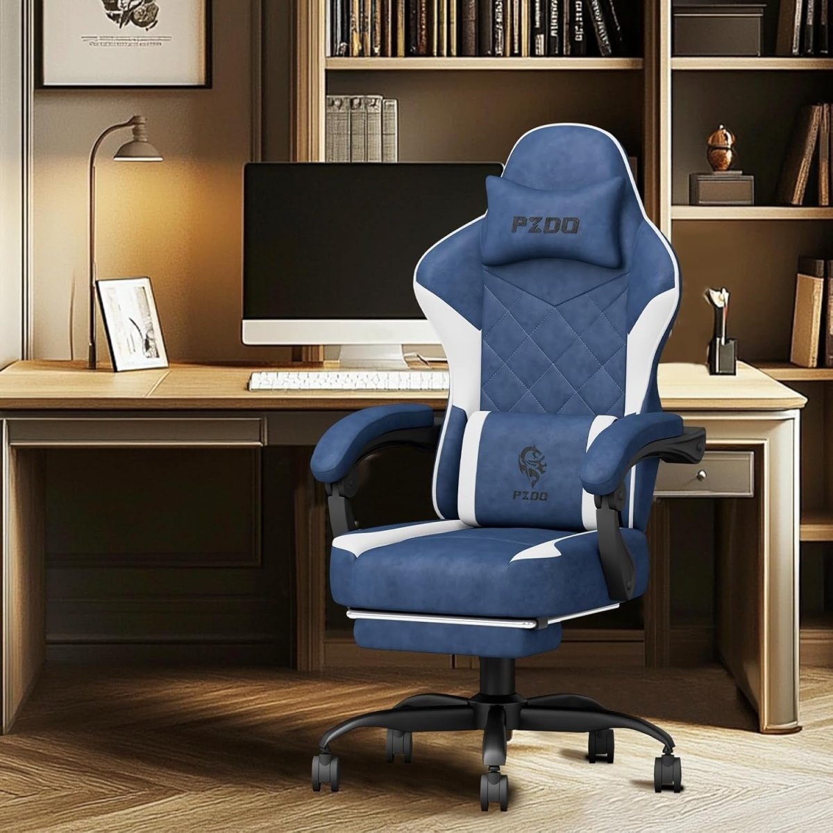Reclining Gaming Chair with Footrest Ergonomic 360 Swivel Blue - Kwikley