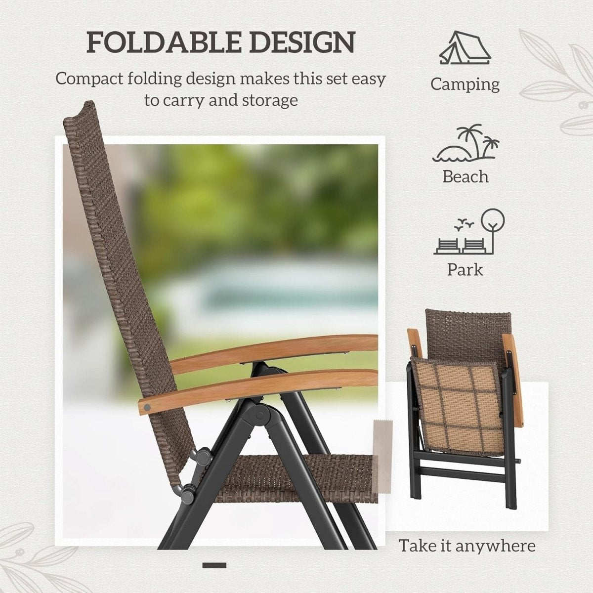 Reclining Garden Chairs Pair Foldable High Back Rattan Outdoor Relaxers - Kwikley