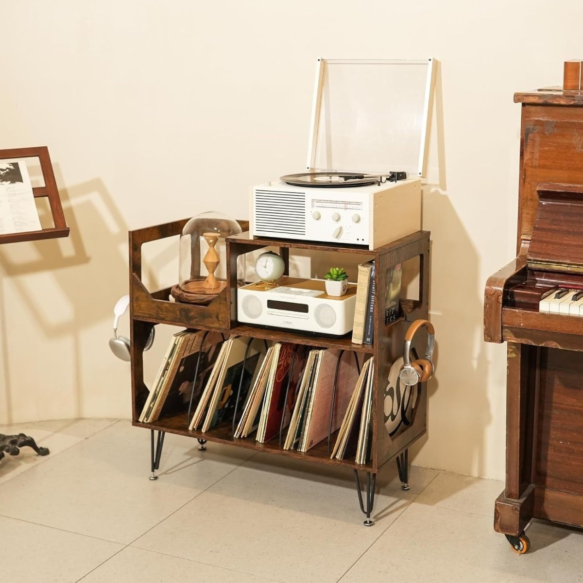 Record Player Stand Vinyl Storage Cabinet Holds 370 Albums Brown - Kwikley