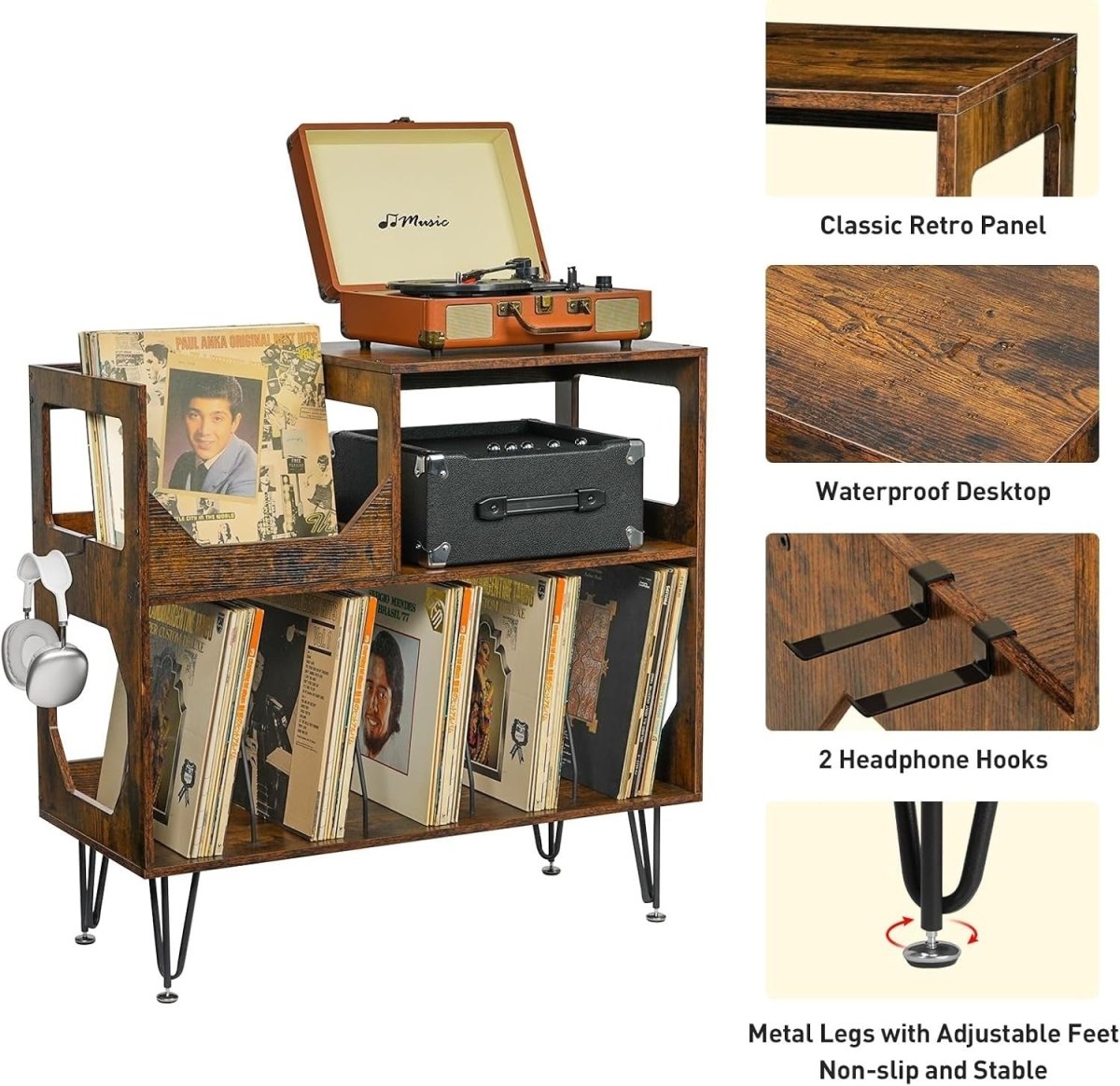 Record Player Stand Vinyl Storage Cabinet Holds 370 Albums Brown - Kwikley