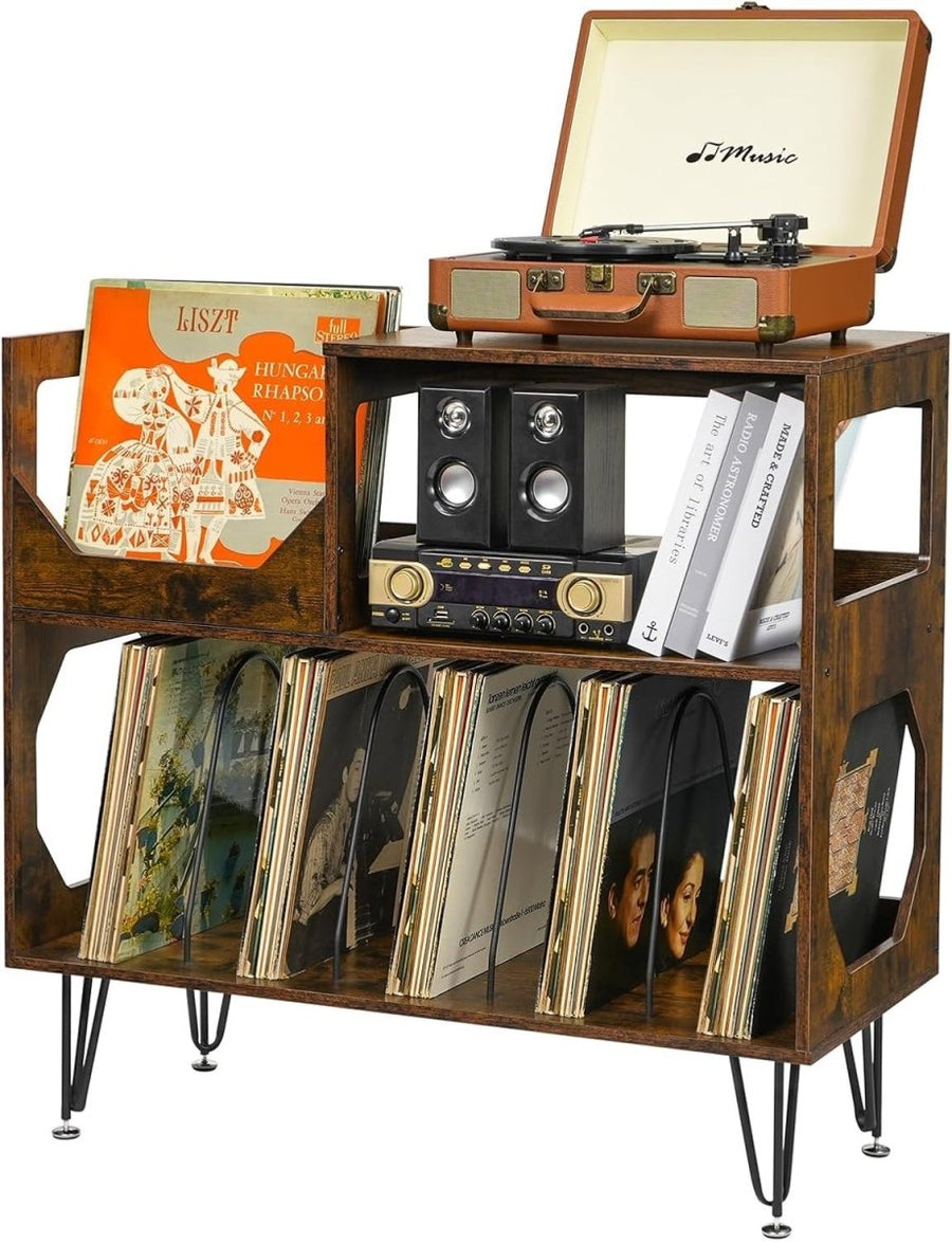 Record Player Stand Vinyl Storage Cabinet Holds 370 Albums Brown - Kwikley