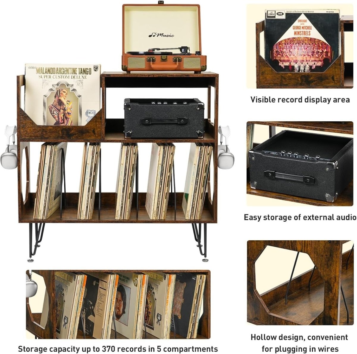 Record Player Stand Vinyl Storage Cabinet Holds 370 Albums Brown - Kwikley