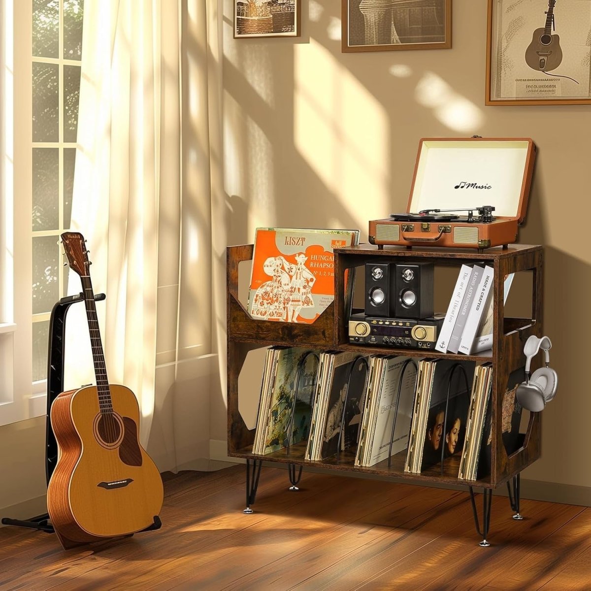 Record Player Stand Vinyl Storage Cabinet Holds 370 Albums Brown - Kwikley