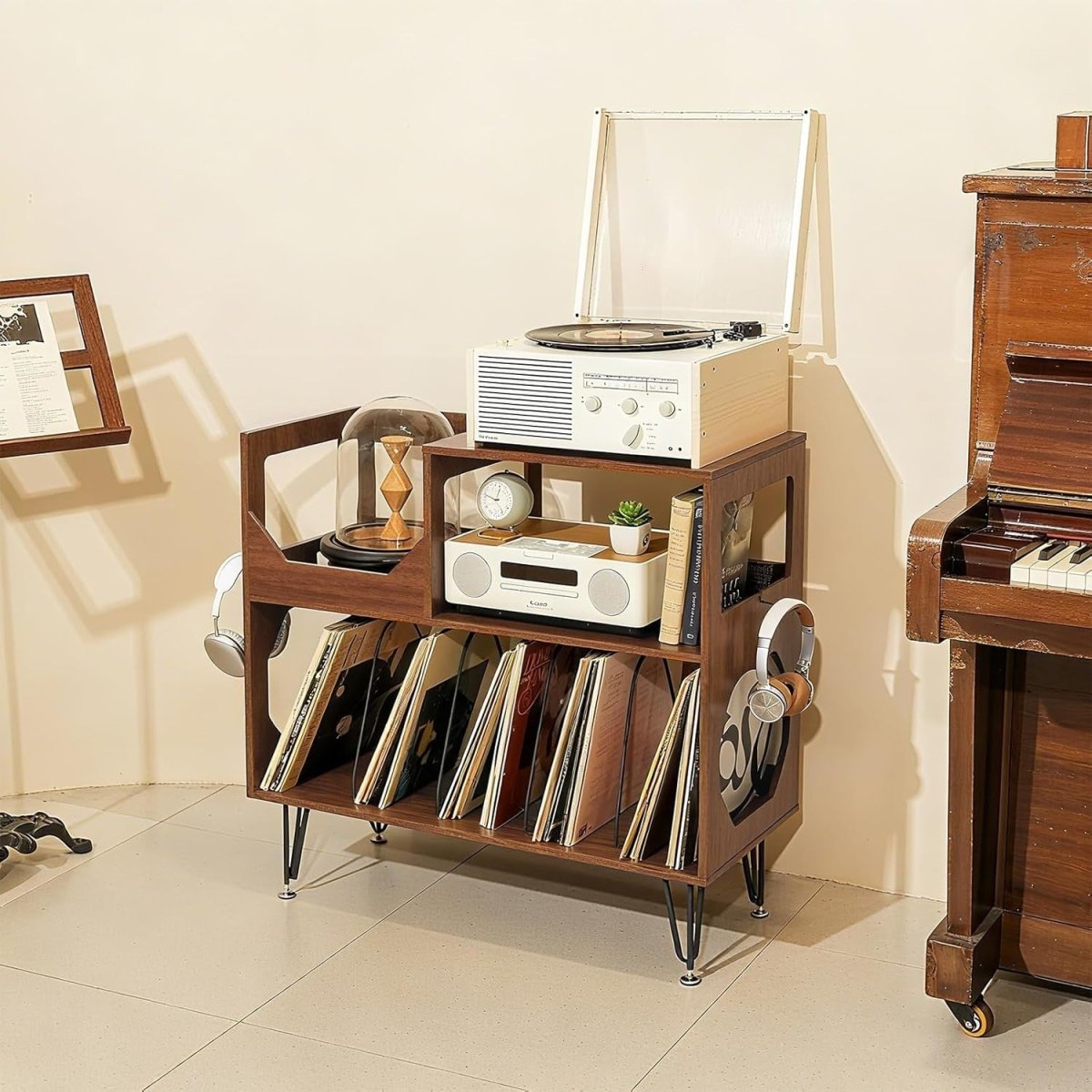Record Player Stand Vinyl Storage Cabinet Holds 370 Albums Walnut - Kwikley
