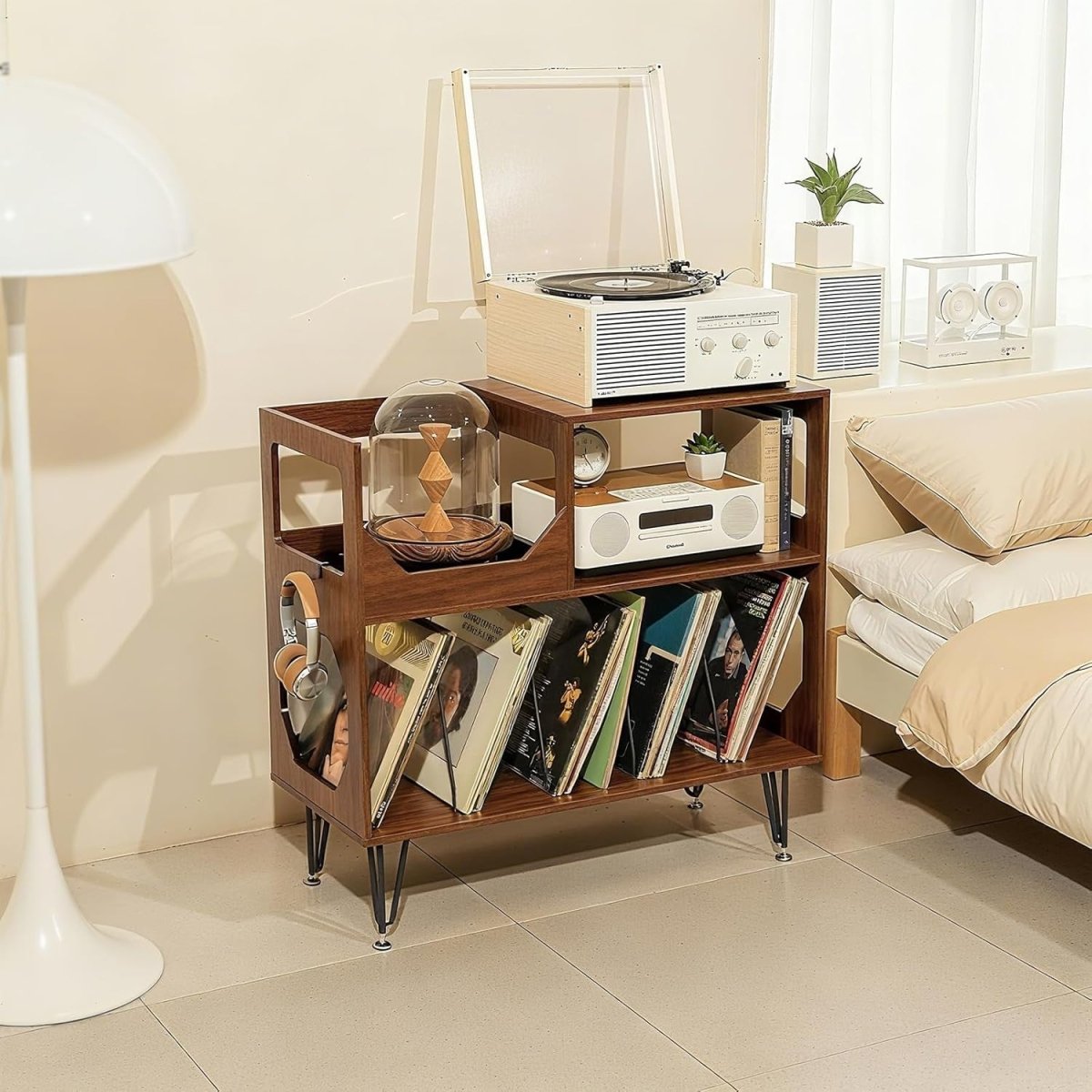 Record Player Stand Vinyl Storage Cabinet Holds 370 Albums Walnut - Kwikley