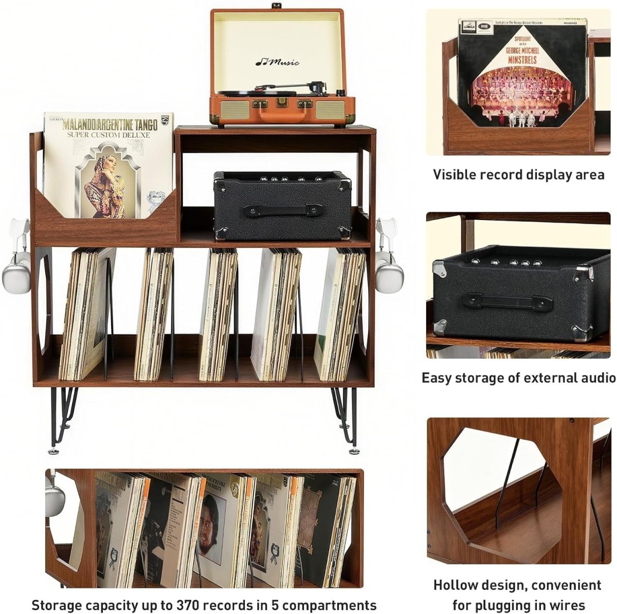 Record Player Stand Vinyl Storage Cabinet Holds 370 Albums Walnut - Kwikley