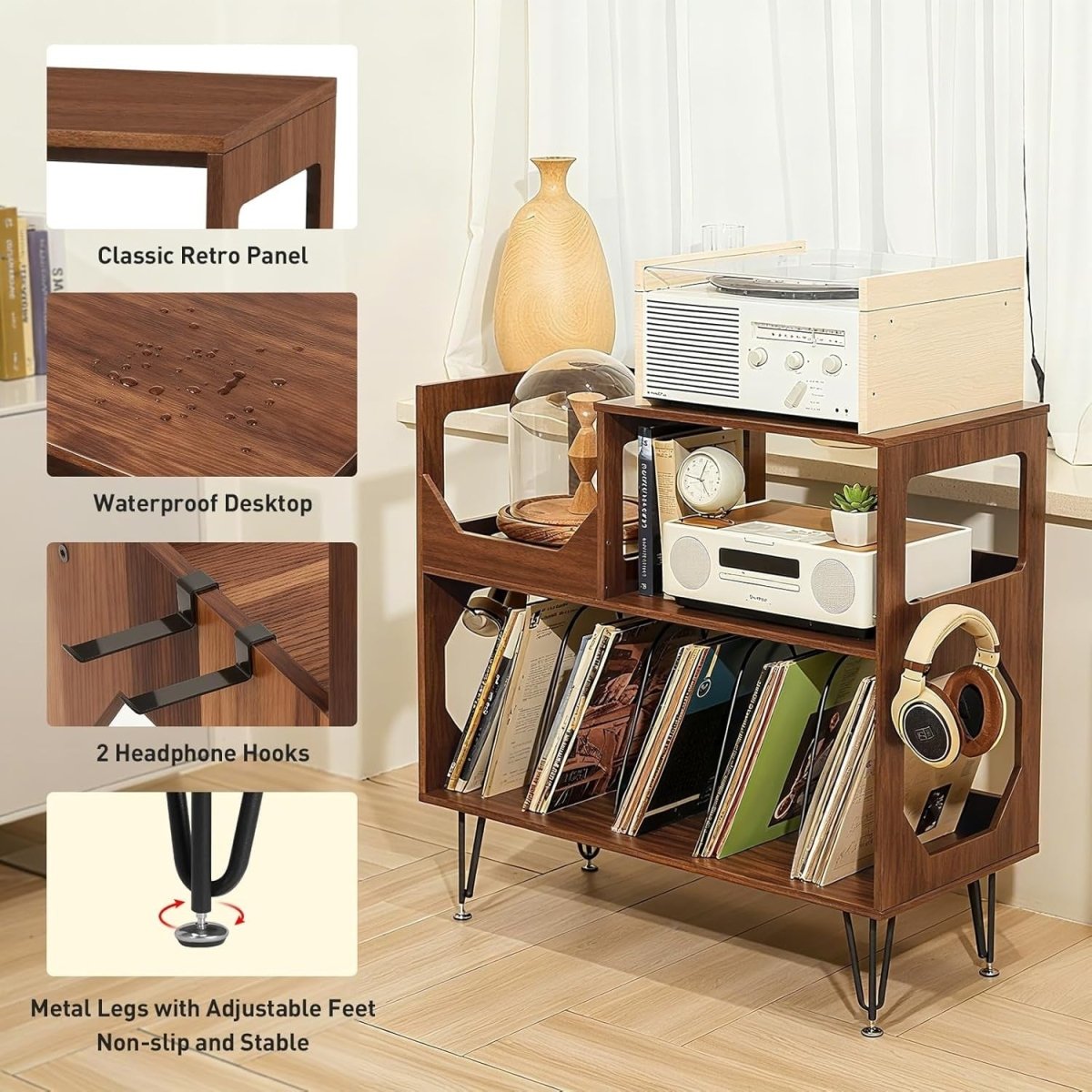 Record Player Stand Vinyl Storage Cabinet Holds 370 Albums Walnut - Kwikley
