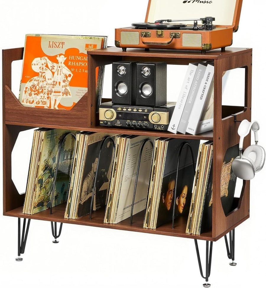 Record Player Stand Vinyl Storage Cabinet Holds 370 Albums Walnut - Kwikley