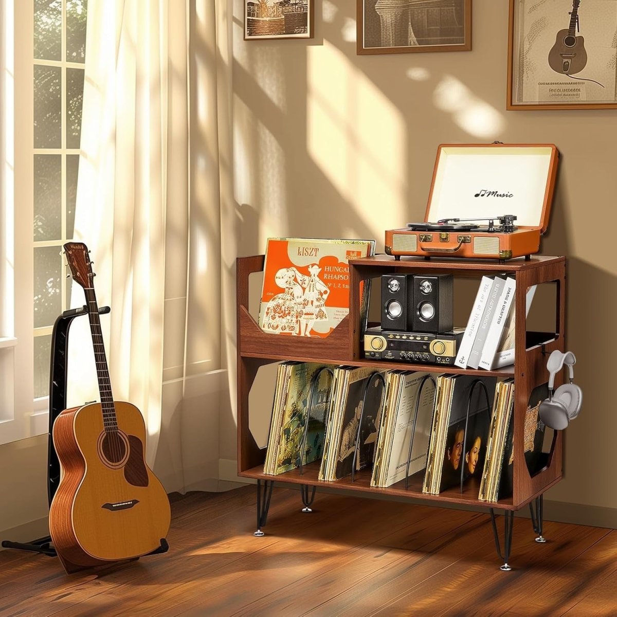 Record Player Stand Vinyl Storage Cabinet Holds 370 Albums Walnut - Kwikley
