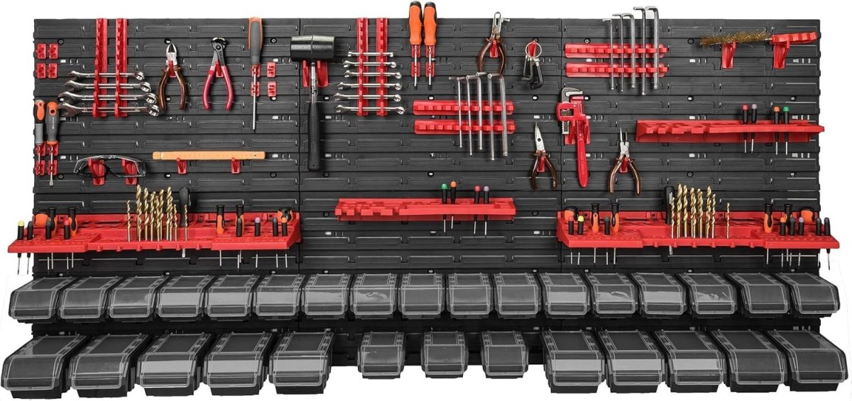 Red & Black Workshop Wall Shelf w/ 30 Tool Storage Boxes 178x78cm - Kwikley