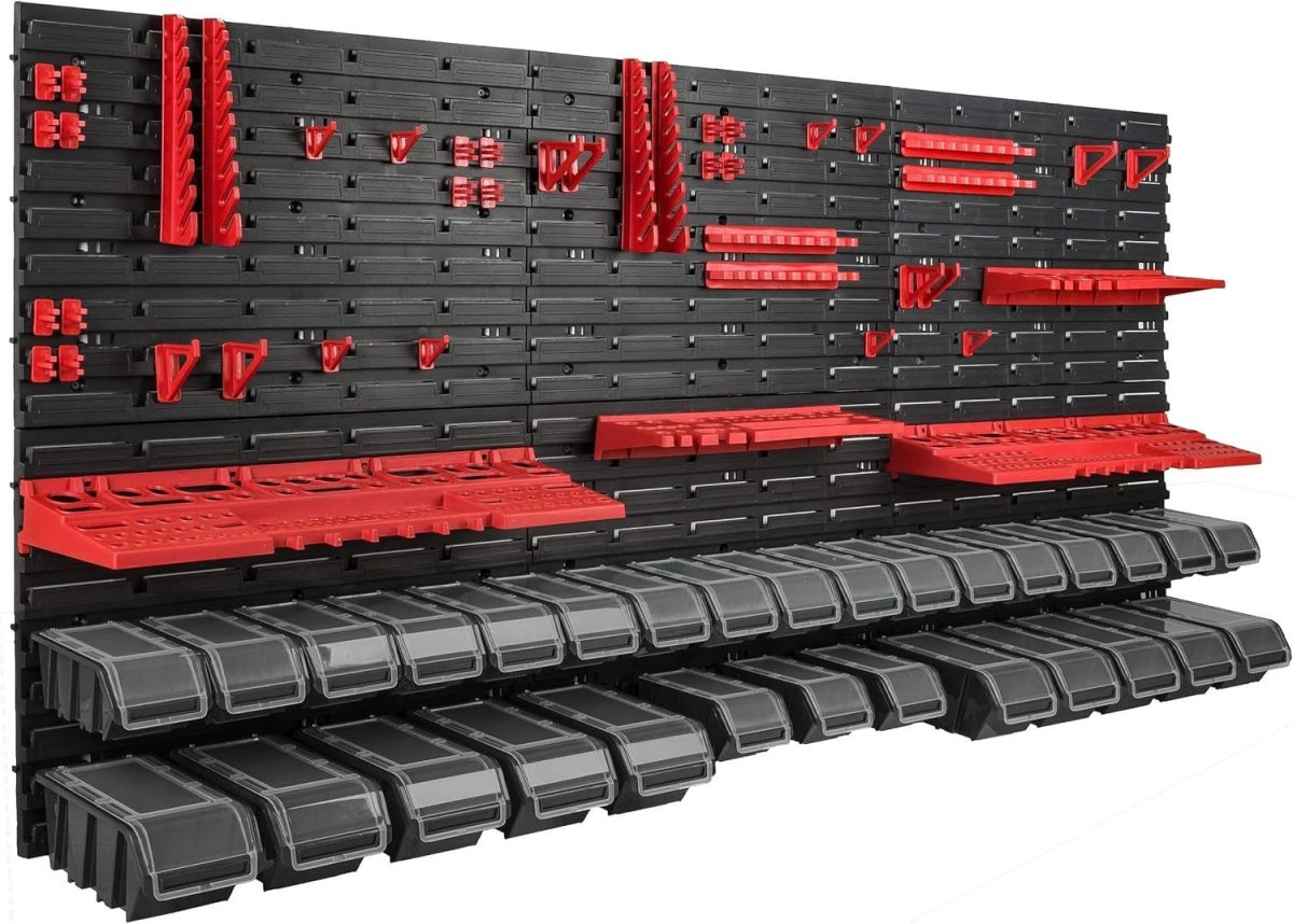 Red & Black Workshop Wall Shelf w/ 30 Tool Storage Boxes 178x78cm - Kwikley