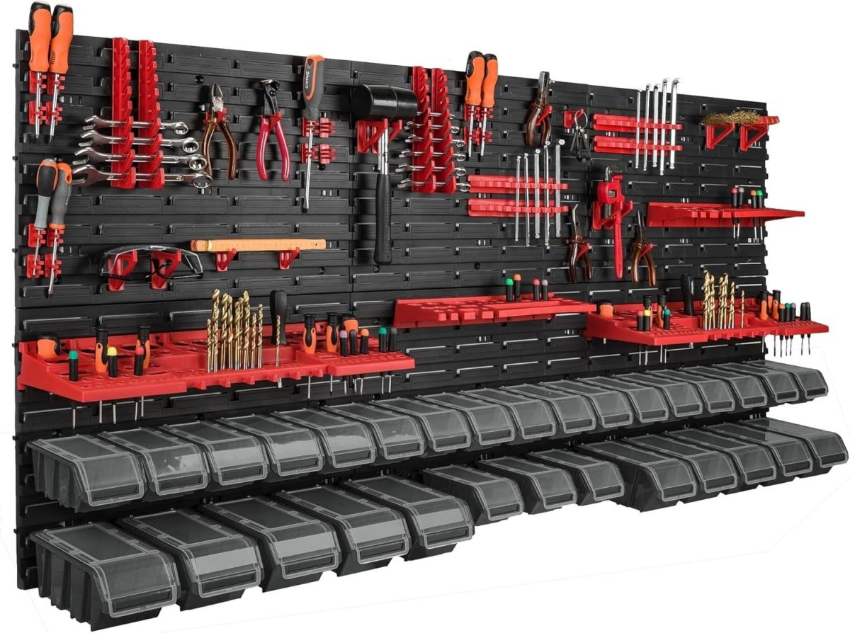 Red & Black Workshop Wall Shelf w/ 30 Tool Storage Boxes 178x78cm - Kwikley