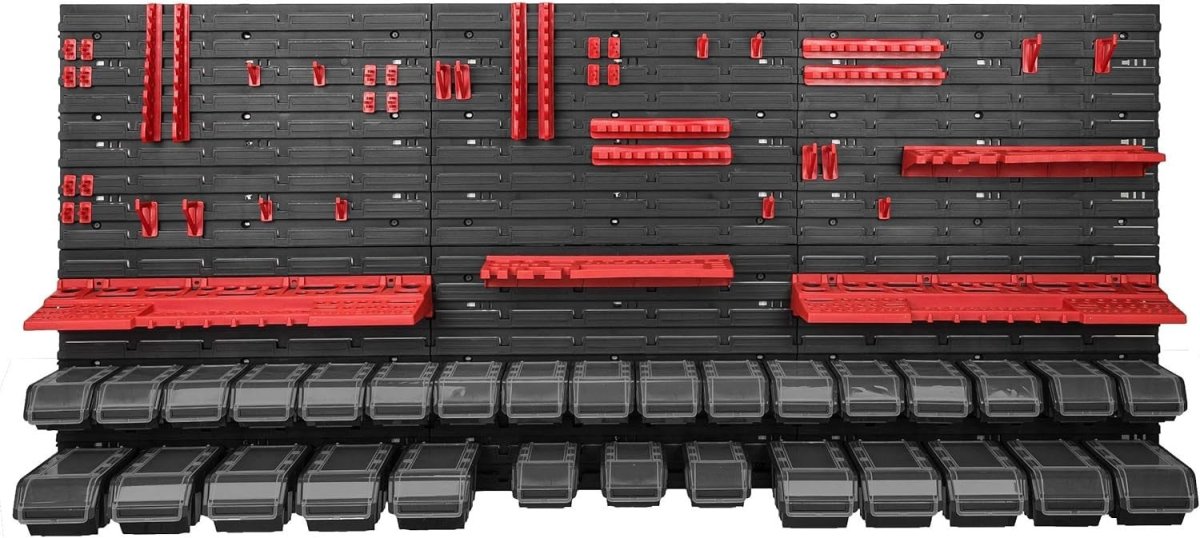 Red & Black Workshop Wall Shelf w/ 30 Tool Storage Boxes 178x78cm - Kwikley