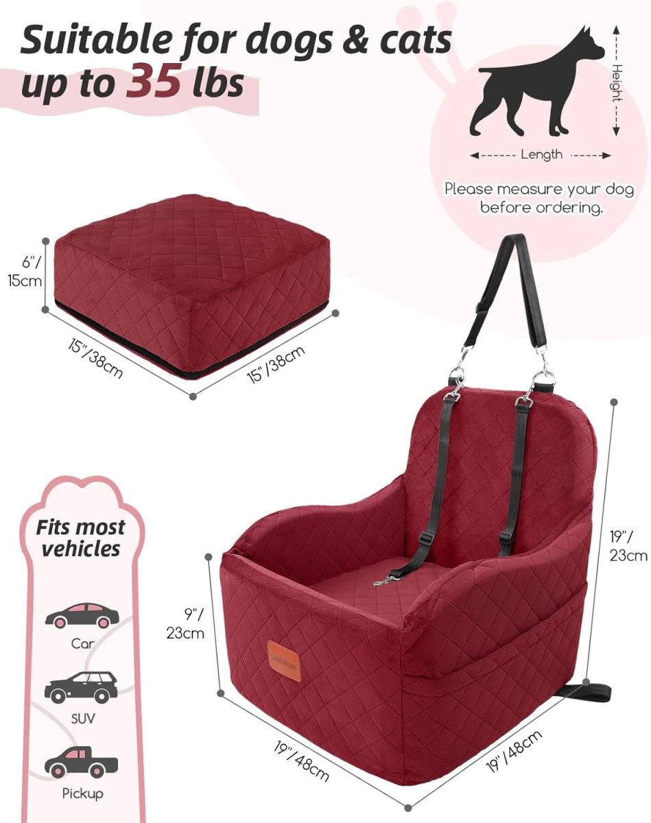 Red Dog Booster Car Seat Elevated Travel Bed Washable Pet Seat 30lb - Kwikley