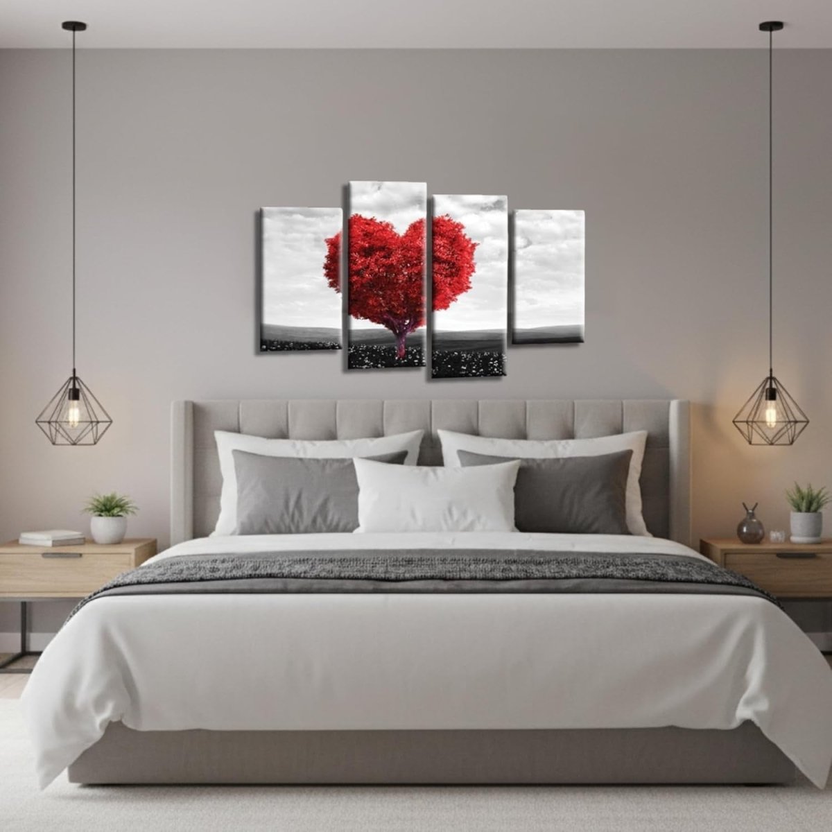 Red Heart Tree Canvas Wall Art 4 Panel Framed 44x27in - Kwikley