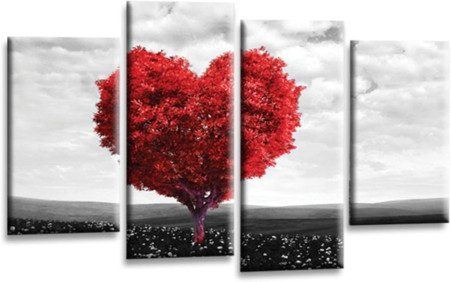 Red Heart Tree Canvas Wall Art 4 Panel Framed 44x27in - Kwikley