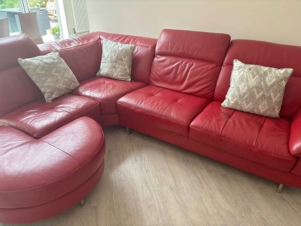 Red Leather Corner Sofa + Armchair + Footstool (PTP) - Kwikley