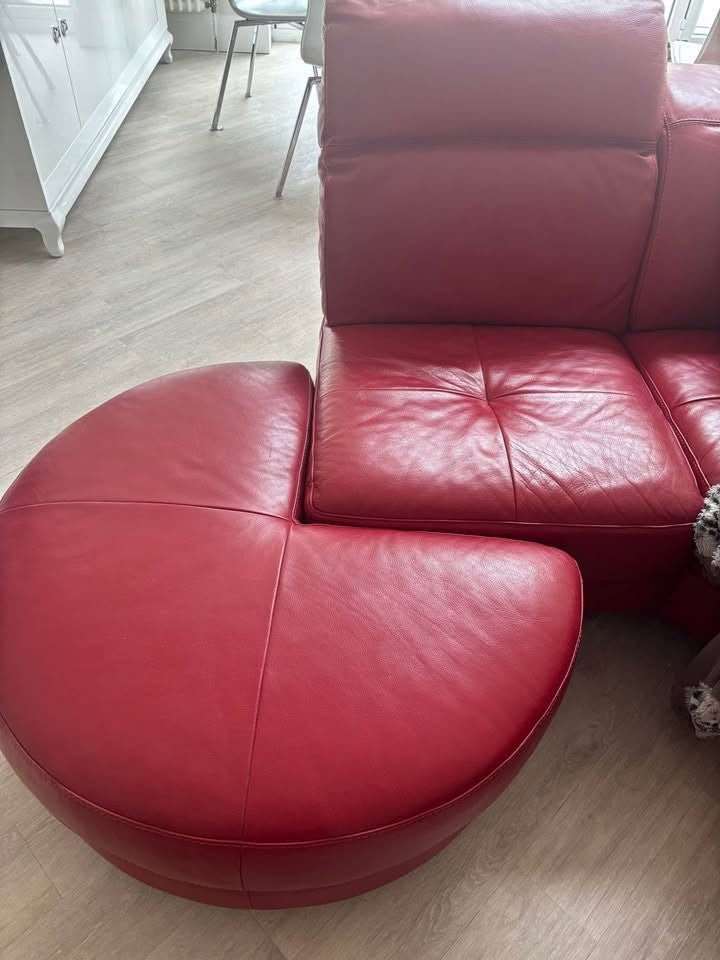 Red Leather Corner Sofa + Armchair + Footstool (PTP) - Kwikley