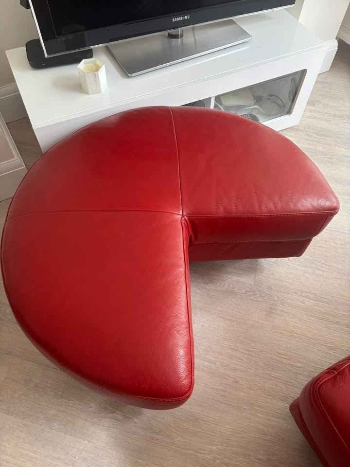 Red Leather Corner Sofa + Armchair + Footstool (PTP) - Kwikley