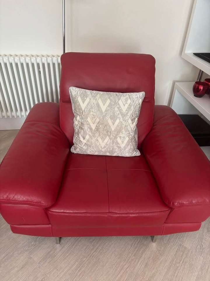 Red Leather Corner Sofa + Armchair + Footstool (PTP) - Kwikley