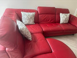 Red Leather Corner Sofa + Armchair + Footstool (PTP)