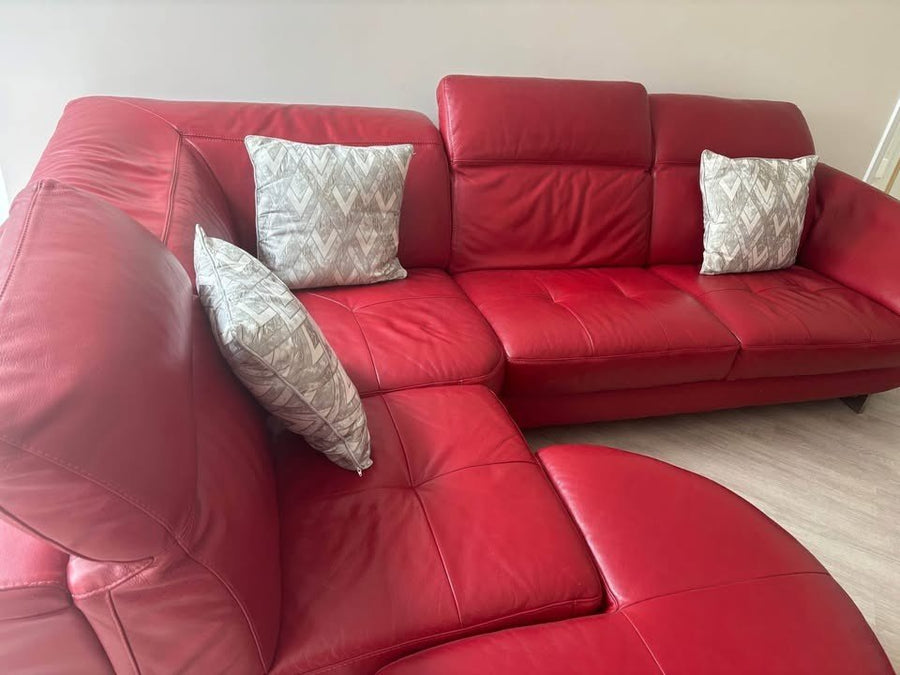 Red Leather Corner Sofa + Armchair + Footstool (PTP) - Kwikley