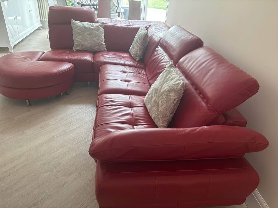 Red Leather Corner Sofa + Armchair + Footstool (PTP) - Kwikley