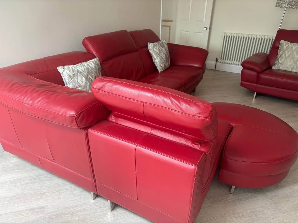 Red Leather Corner Sofa + Armchair + Footstool (PTP) - Kwikley
