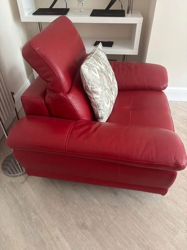Red Leather Corner Sofa + Armchair + Footstool (PTP) - Kwikley
