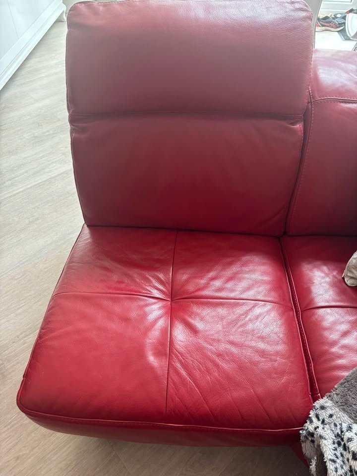 Red Leather Corner Sofa + Armchair + Footstool (PTP) - Kwikley