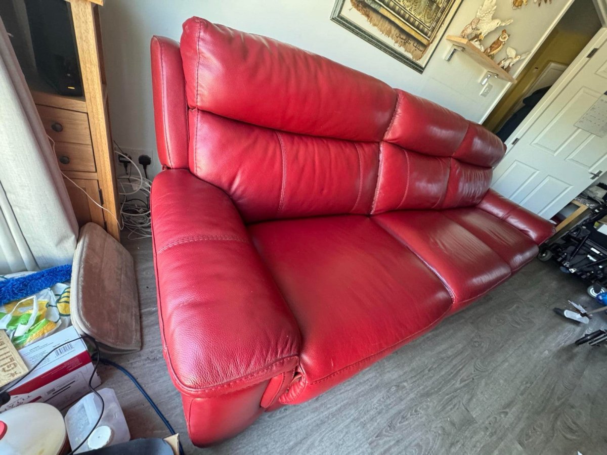 Red Leather Large Corner Sofa + Footstool (PTP) - Kwikley