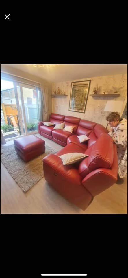 Red Leather Large Corner Sofa + Footstool (PTP) - Kwikley