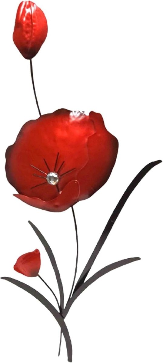 Red Poppy Metal Wall Art Flower Stem Garden Decor - Kwikley
